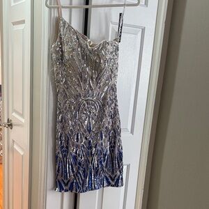 JVN by Jovani Silver and Blue Sequin Dress